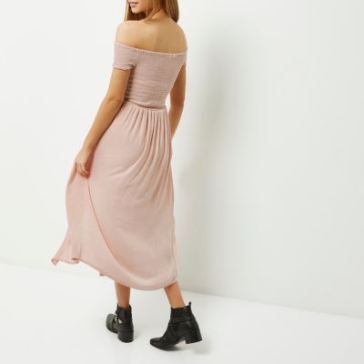 Light pink shirred bardot maxi dress